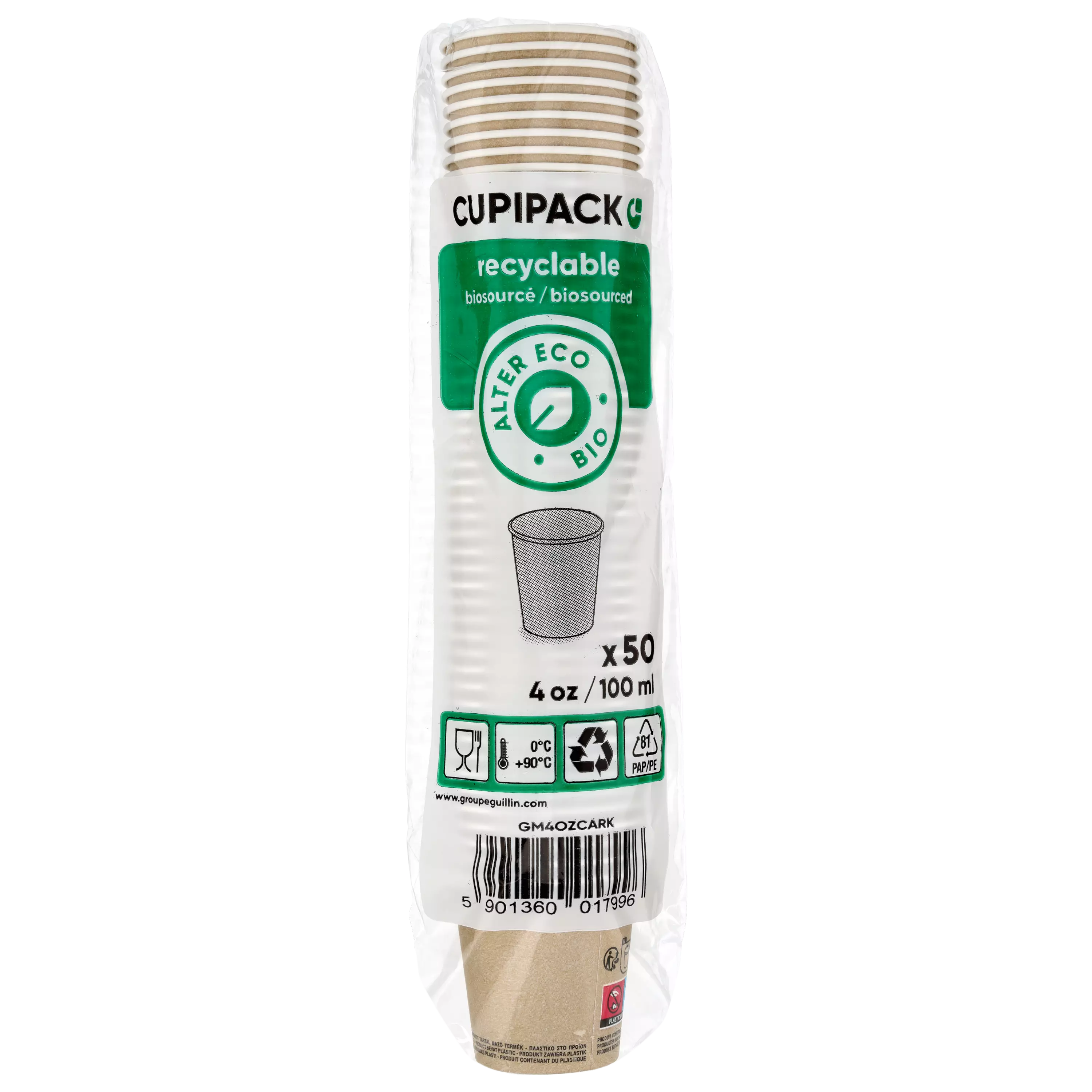 Kubek papierowy 100ml kraft-biały recyclable 50 sztuk, z białymi paskami, opakowanie CUPIPACK.