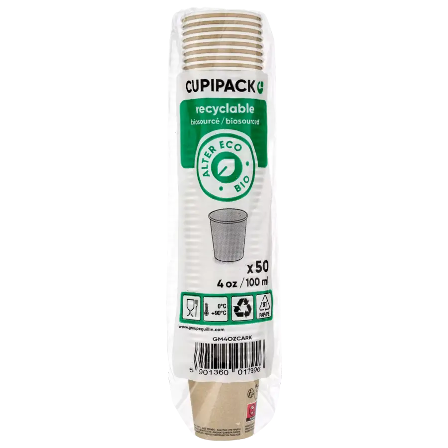 Kubek papierowy 100ml kraft-biały recyclable 50 sztuk, z białymi paskami, opakowanie CUPIPACK.