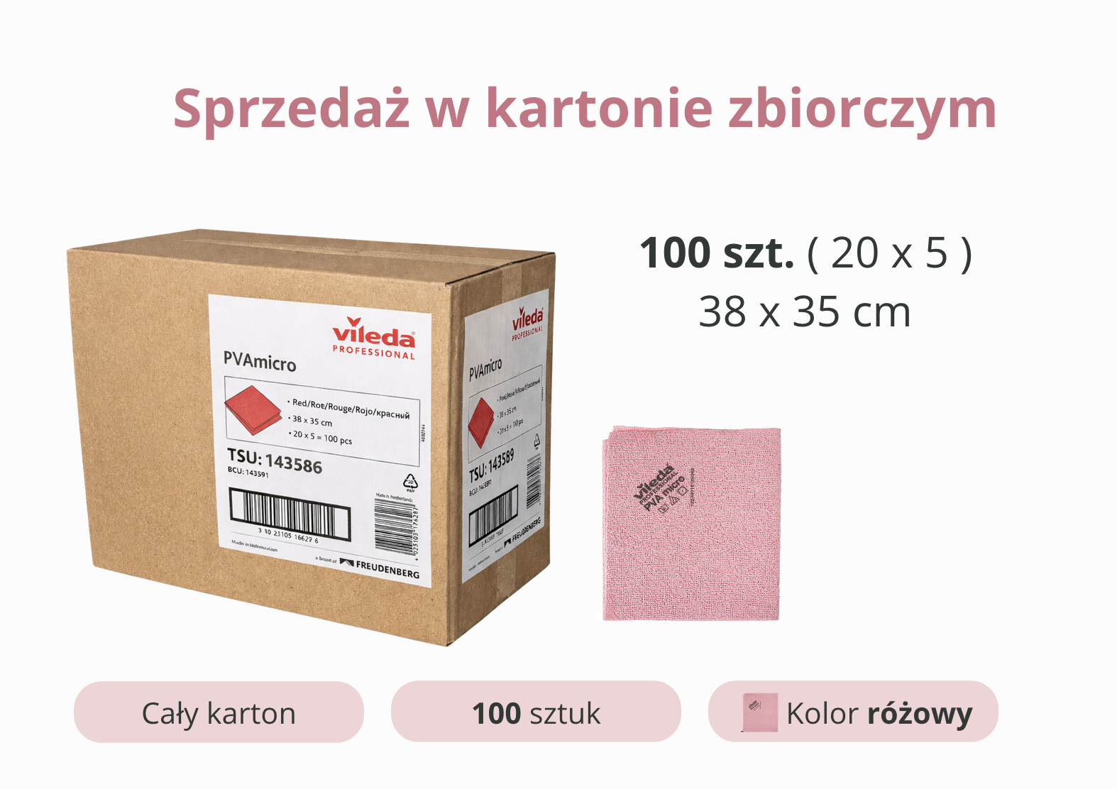 Ścierka Vileda PVAmicro różowa 38x35cm, opakowanie zbiorcze 100 sztuk w kartonie