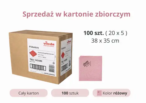 Ścierka Vileda PVAmicro różowa 38x35cm, opakowanie zbiorcze 100 sztuk w kartonie
