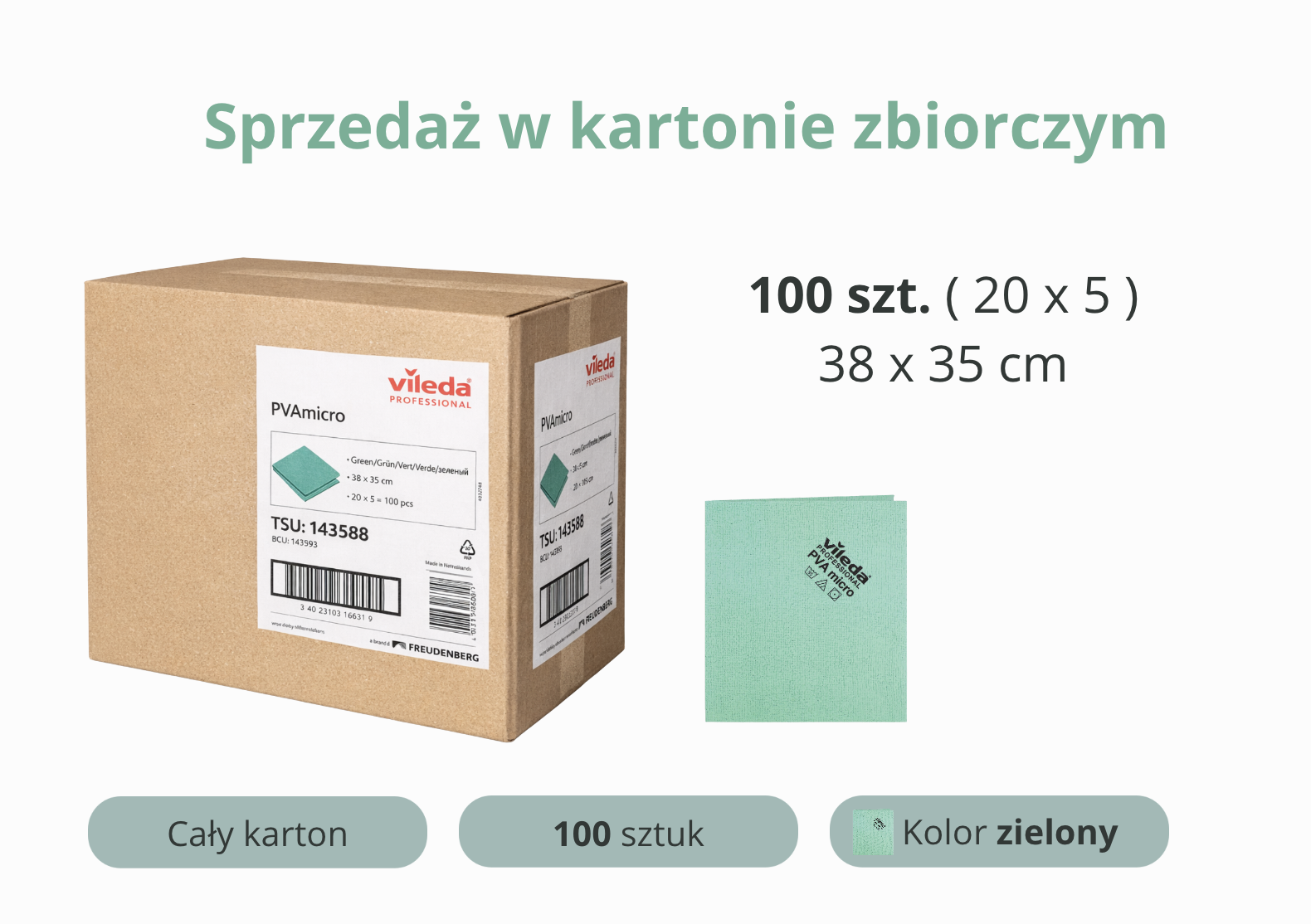 Ścierka Vileda PVAmicro zielona 38x35cm, opakowanie 100 sztuk w kartonie zbiorczym.
