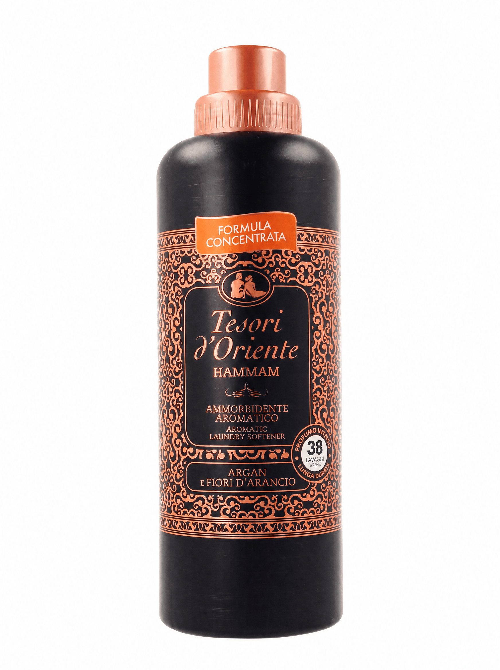 Płyn do płukania Tesori d'Oriente Hammam 760 ml w czarnej butelce z miedzianą nakrętką na białym tle.