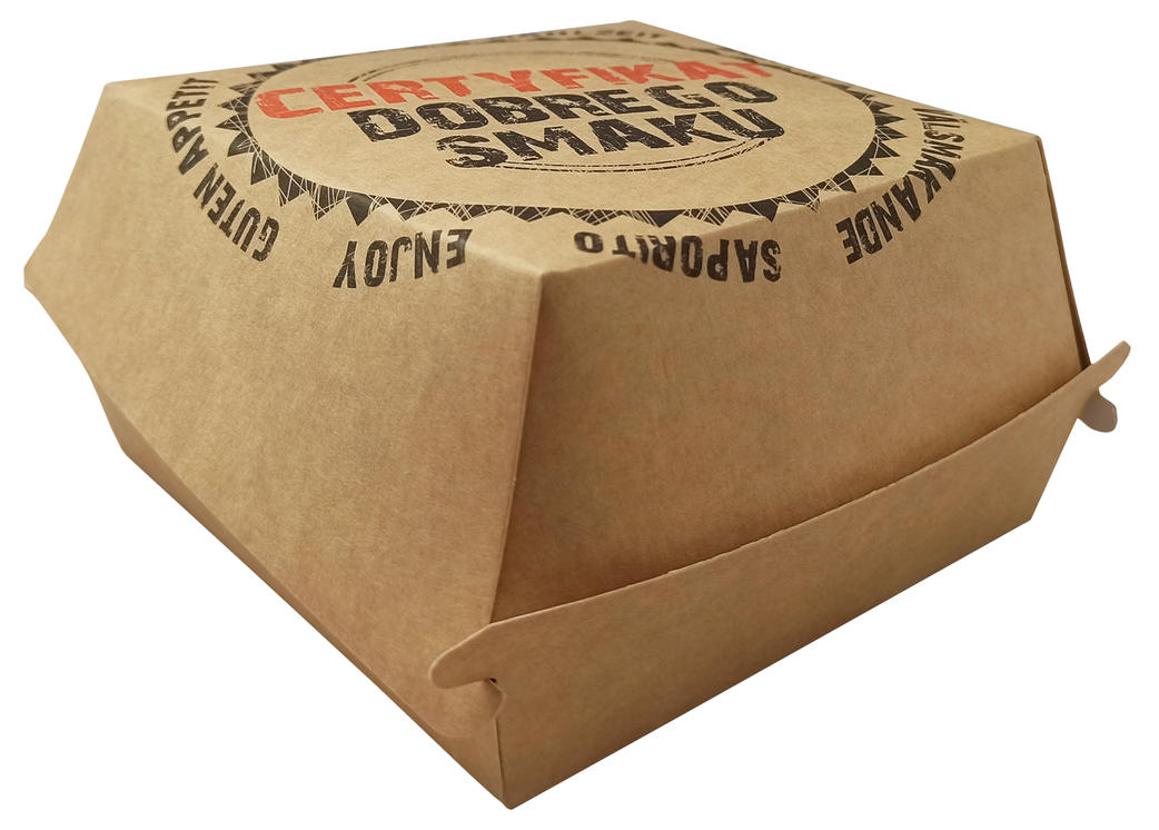 Pudełko papierowe na burgery kraft zamykane 15x15x8 cm z nadrukiem Certyfikat Smaku