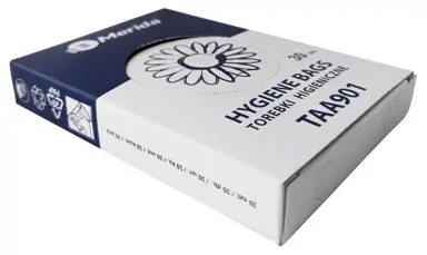 Foliowe torebki higieniczne jednorazowego użytku, wykonane z folii HDPE przeznaczone są do pojemników na woreczki higieniczne, niezbędne w damskiej toalecie.  Zapakowane w kartonik, który można użyć jako dyspenser. Opakowanie zawiera: 30szt. Wymiary to...