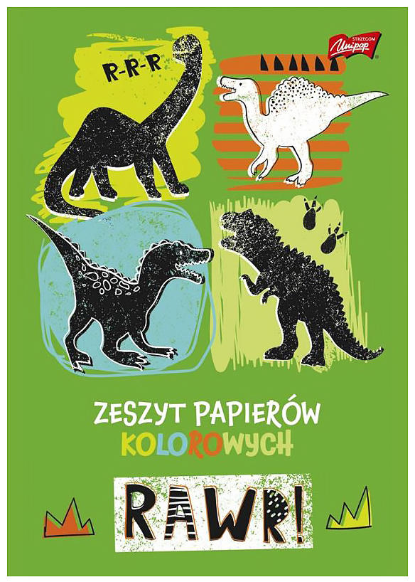 Blok papieru kolorowego A5 Unipap Rawki 10 kartek z dinozaurami na zielonym tle