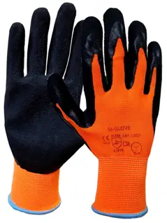 Rękawice ochronne POMARAŃ.-CZARNE 1 para 10/XL z dzianiny poliestrowej powlekane lateksem Rękawice ochronne wykonane z białej dzianiny poliestrowej, powlekane miękkim odpornym na ścieranie lateksem w kolorze pomarańczowym. Struktura gumy zapewnia wyśmienitą zręczność i bardzo dobrą przyczepność.
Rozmiar: XL/10