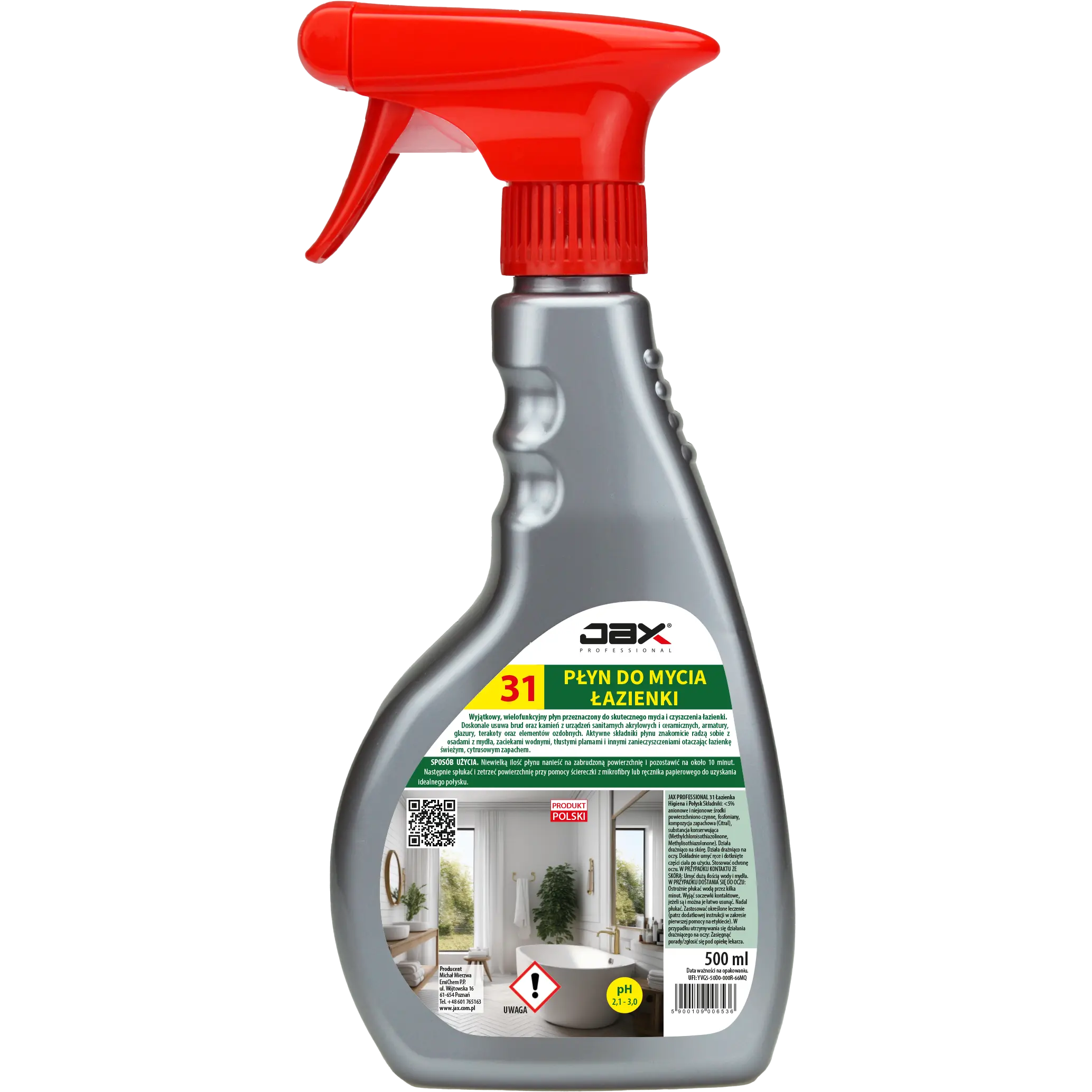 JAX płyn do mycia łazienki 31 w sprayu 500ml, szara butelka z czerwonym natryskiem