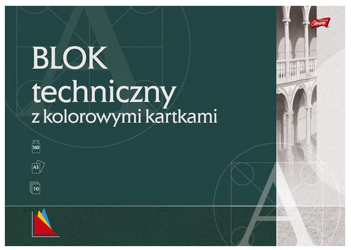 Blok Techniczny A-3 10 kart.160g KOLOR.Unipap Zawiera 10 kolorowych kartek o gramaturze 160 g/m2. Kartki barwione w masie w kolorach żółty, łosoś, różowy, pomarańczowy, fioletowy, czerwony, jasnozielony, ciemnozielony, jasnoniebieski, ciemnoniebieski. Okładka kredowa o gramaturze 115 g/m2 wykorzys...