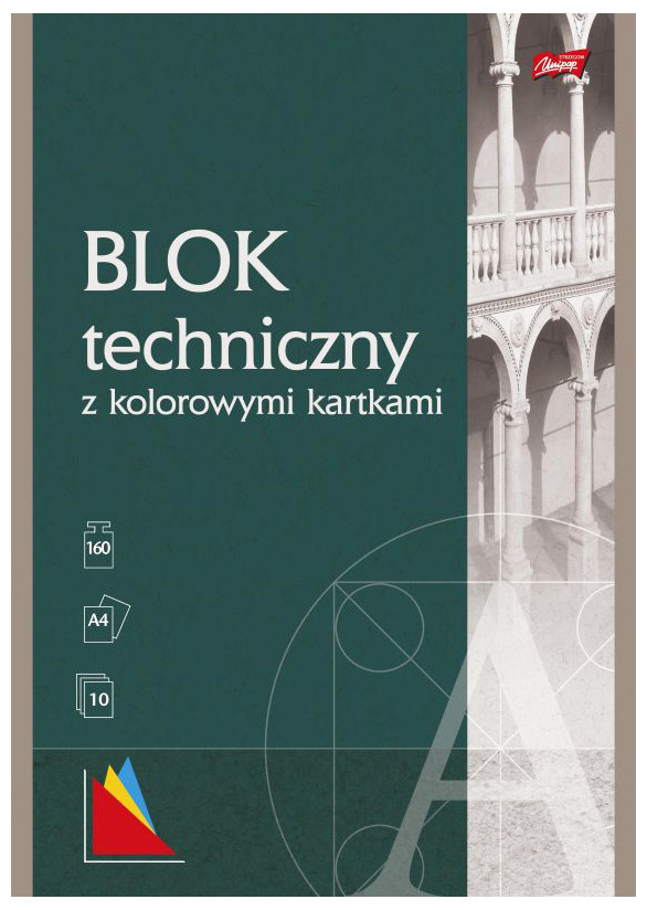 Blok Techniczny A-4 10 kart. KOLOR Unipap Zawiera 10 kolorowych kartek o gramaturze 160 g/m2. Kartki barwione w masie w kolorach żółty, łosoś, różowy, pomarańczowy, fioletowy, czerwony, jasnozielony, ciemnozielony, jasnoniebieski, ciemnoniebieski. Okładka kredowa o gramaturze 115 g/m2 wykorzys...