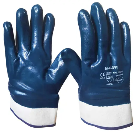 Rękawice ochronne w całości powlekane nitrylem, zakończone usztywnionym mankietem.

4 - odporność na ścieranie,
1 - odporność na przecięcie,
2 - odporność na rozdarcie,
1 - odporność na przekłucie
X - odporność na przecięcie zgodny z EN ISO 13997