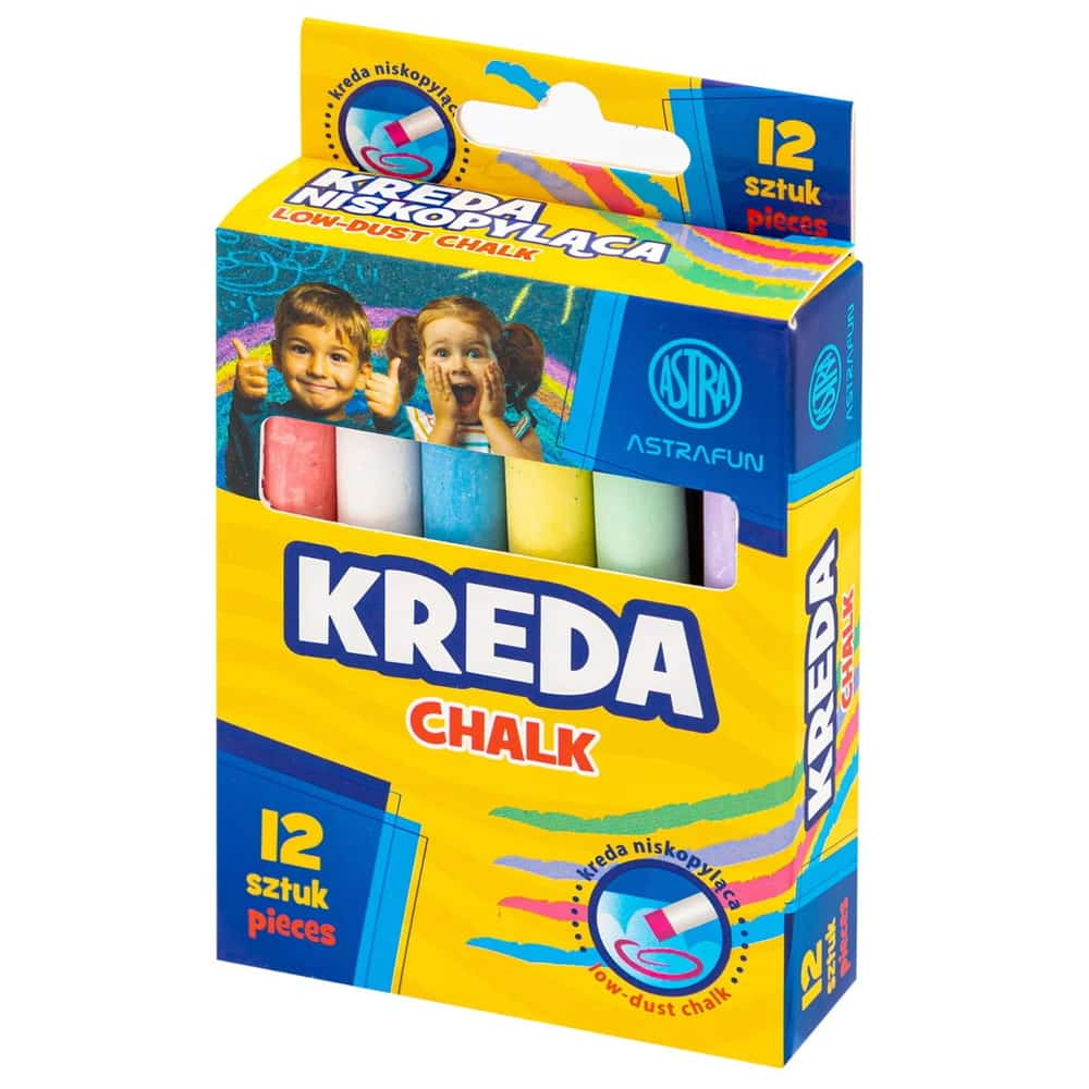Kreda tablicowa ASTRA FUN 12 sztuk w kolorowych kredkach niskiego kurzu do pisania na tablicy.