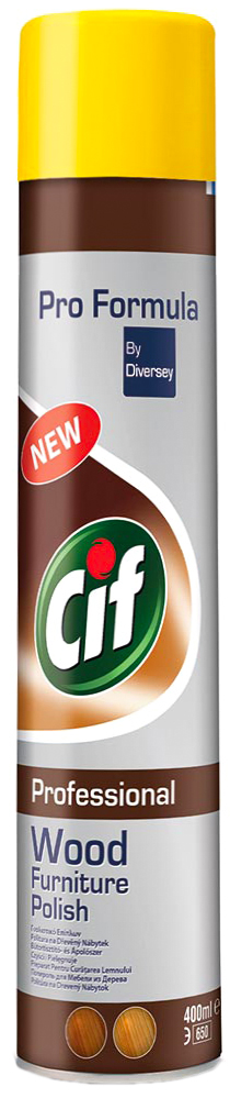 Spray do mebli CIF Professional Wood Furniture Polish 400ml w opakowaniu aerozolu z żółtą głowicą.