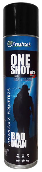 Odświeżacz FRESHTEK BAD MAN 600mlONE SHOT Silnie skoncentrowany odświeżacz powietrza w aerozolu. Określenie "One Shot" oznacza, iż wystarczy jedno przyciśnięcie "spustu", aby świeży zapach rozszedł się po całym pomieszczeniu. Jedno około 1 sekundowe naciśnięcie wentyla wystarcza aby odświeżyć ...