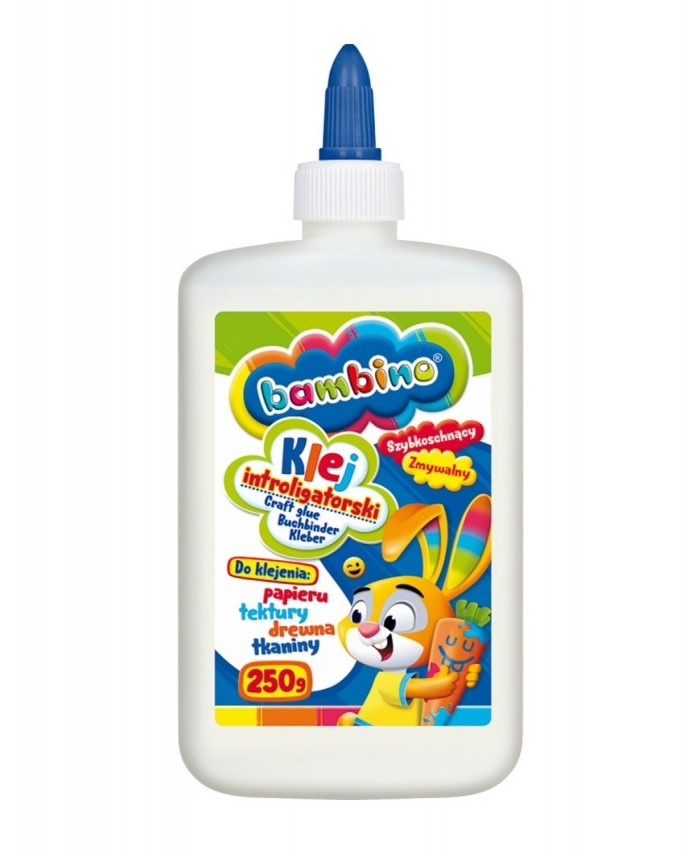 Klej Introligatorski 250gBambino Klej idealnie nadaje się do klejenia papieru, drewna, tektury, tkanin. Można go wykorzystać do różnego rodzaju prac plastycznych. Po wyschnięciu nie pozostawia brudnych śladów, jest przezroczysty i elastyczny.