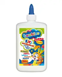 Klej Introligatorski 250gBambino Klej idealnie nadaje się do klejenia papieru, drewna, tektury, tkanin. Można go wykorzystać do różnego rodzaju prac plastycznych. Po wyschnięciu nie pozostawia brudnych śladów, jest przezroczysty i elastyczny.