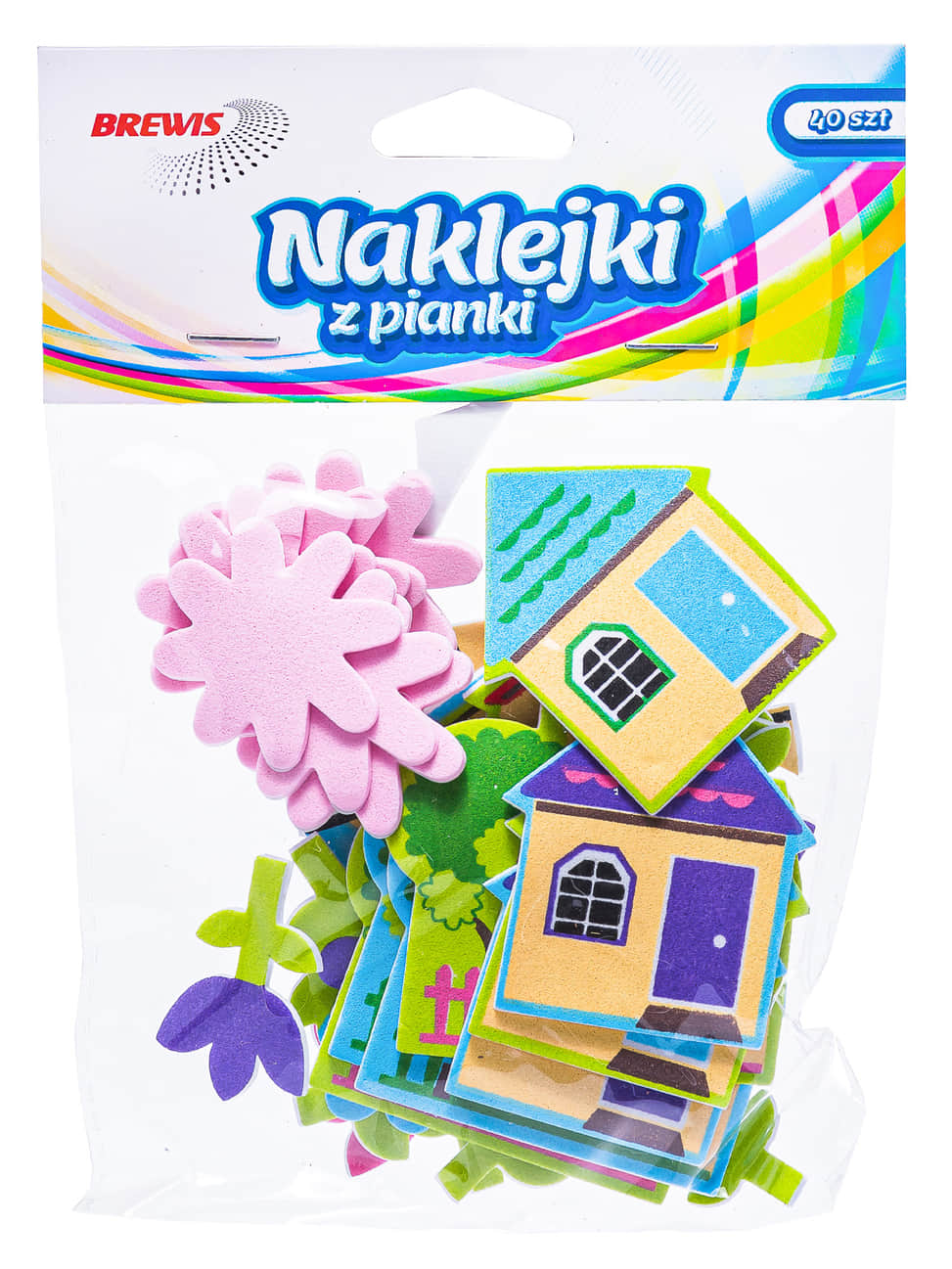 Naklejki z pianki Brewis kwiatki i domki w kolorowych opakowaniu, 40 sztuk