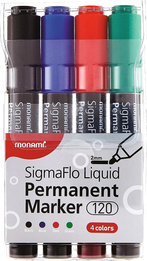 Zestaw 4 markerów permanentnych Monami SigmaFlo Liquid 2mm w kolorach czarnym, niebieskim, czerwonym i zielonym.