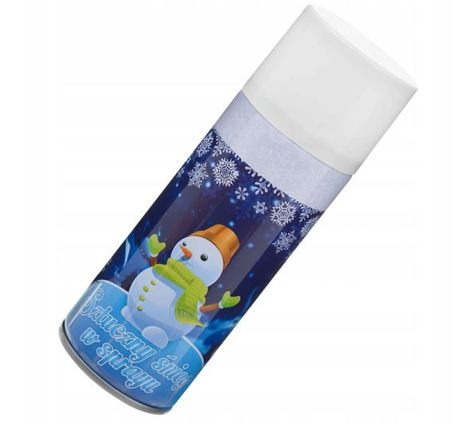 Sztuczny śnieg w sprayu 250ml do dekoracji świątecznych z białą głowicą i niebieskim opakowaniem.
