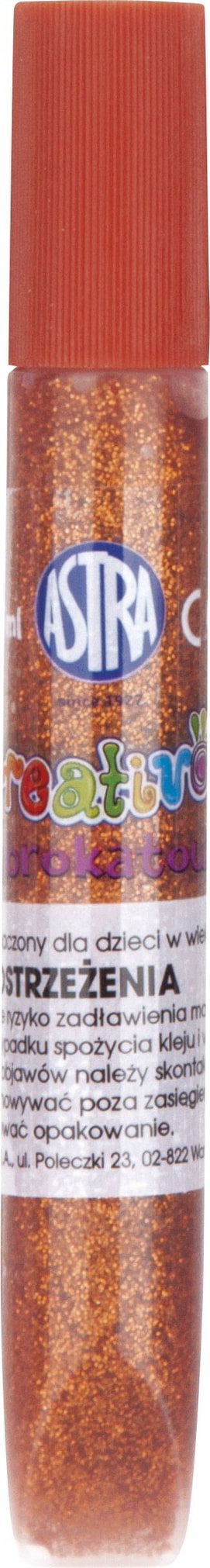 Klej brokatowy 10,5ml ASTRA MIX KOLORASTRA w butelce z czerwoną nakrętką, zawierający brokat w kolorze miedzianych odcieni.