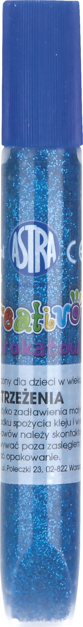 Klej brokatowy ASTRA 10,5ml w butelce niebieskiej z błyszczącymi drobinkami brokata.
