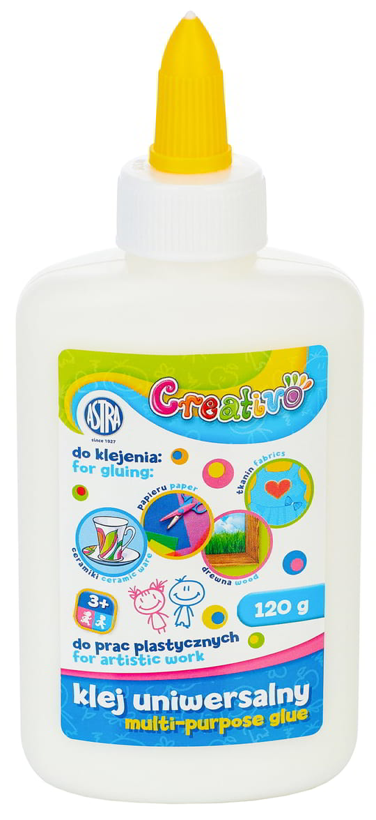 Klej Uniwersalny Creativo 120gASTRA Klej uniwersalny Creativo 120g ASTRA w białej butelce z żółtą końcówką aplikatora.