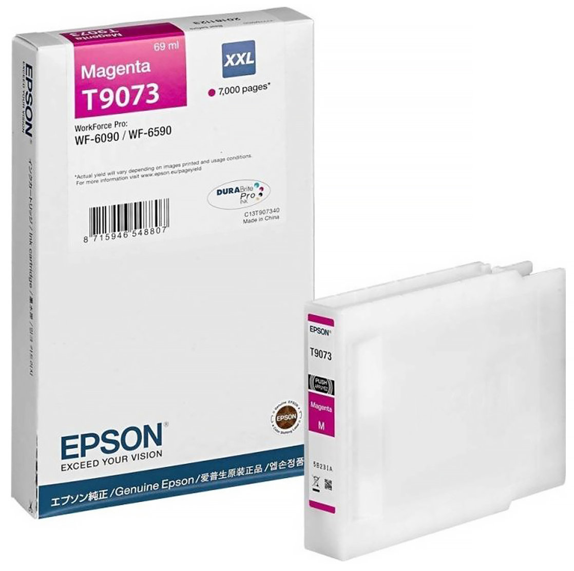 Tusz EPSON T9073 XXL Magenta 69ml do drukarek WorkForce Pro, opakowanie i wkład atramentowy