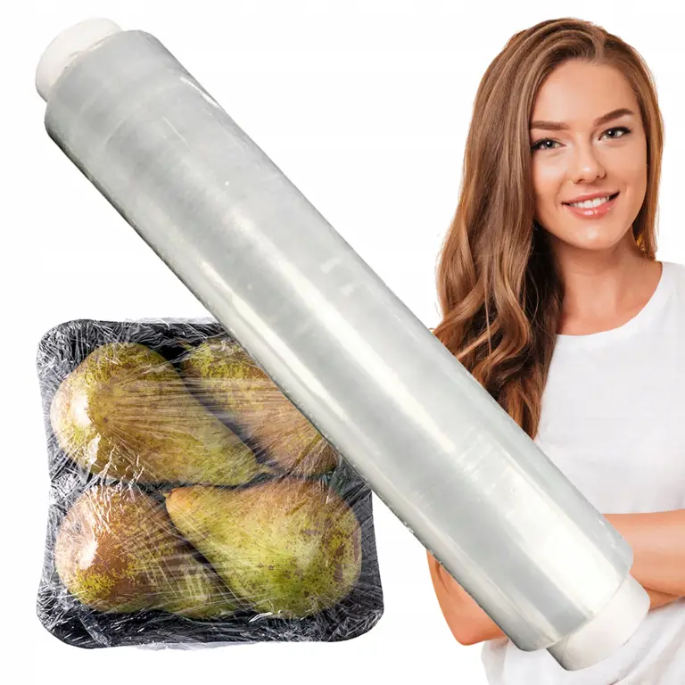 Folia PE spożywcza przezroczysta 30cm x 200m na rolce z białym tulejom, samoprzylegająca do pakowania produktów