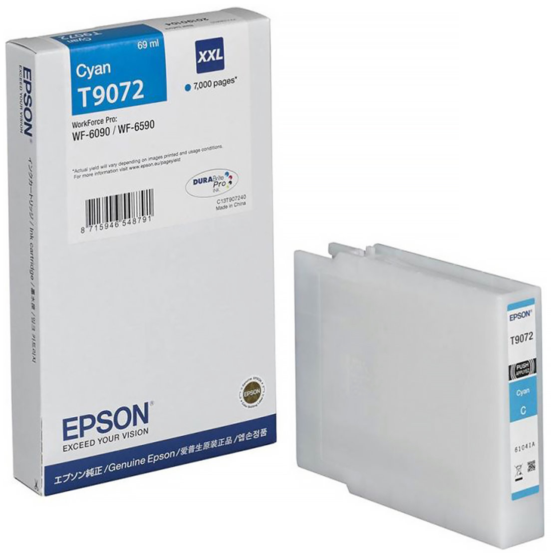 Tusz EPSON T9072 XXL Cyan 69ml Tusz EPSON T9072 XXL Cyan 69ml do drukarki WorkForce Pro, wkład atramentowy w kolorze niebieskim.