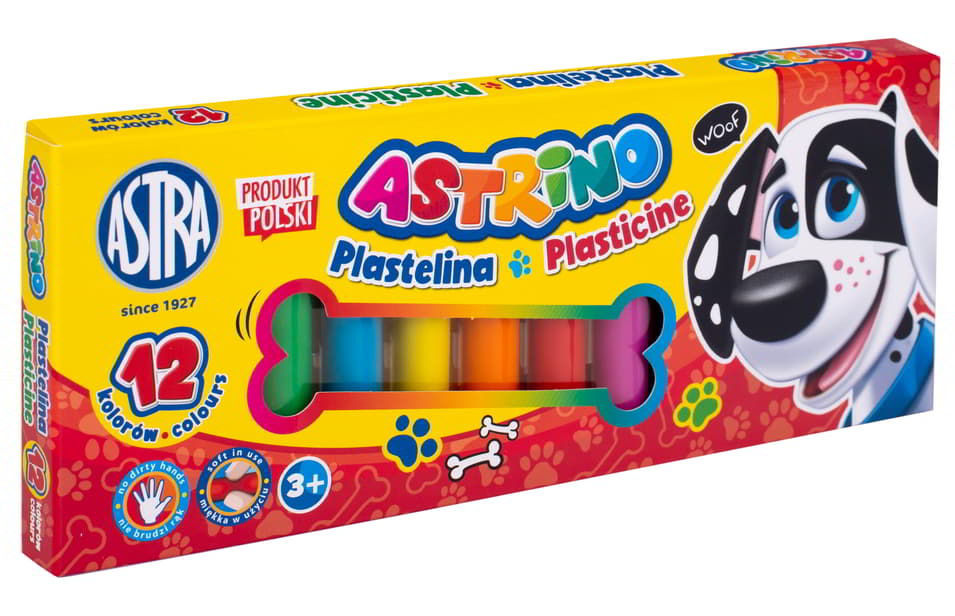 Plastelina Astrino 12 kolorów w opakowaniu z kolorową kostką do modelowania.