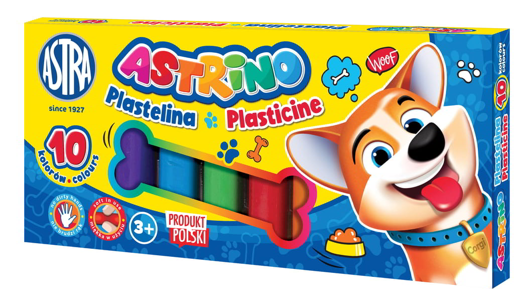 Plastelina ASTRINO 10 kolorów w opakowaniu z zabawnym pieskiem na pudełku, przeznaczona dla dzieci od 3 lat.