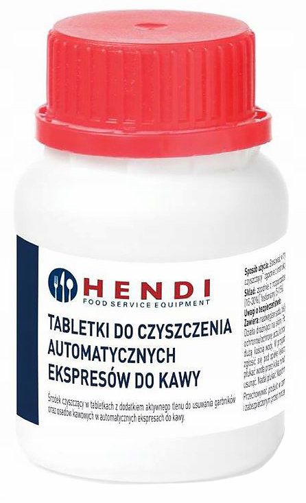 HENDI Tabletki do czyszczenia automatycznych ekspresów do kawy 25 sztuk opakowanie w białej butelce z czerwoną nakrętką