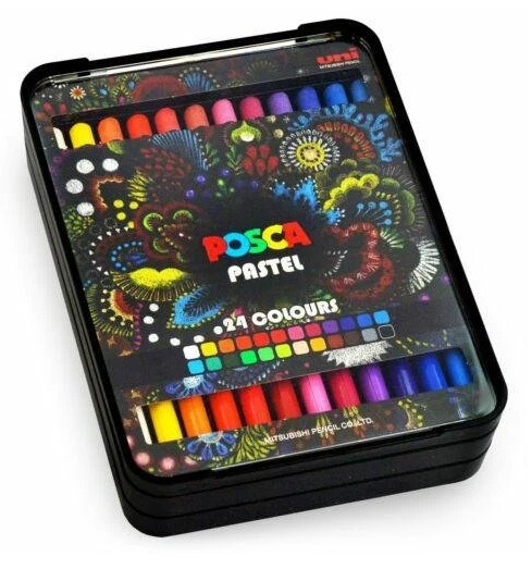Kredki ołówkowe POSCA PASTEL 24 kolory w czarnym metalowym pudełku z tacką