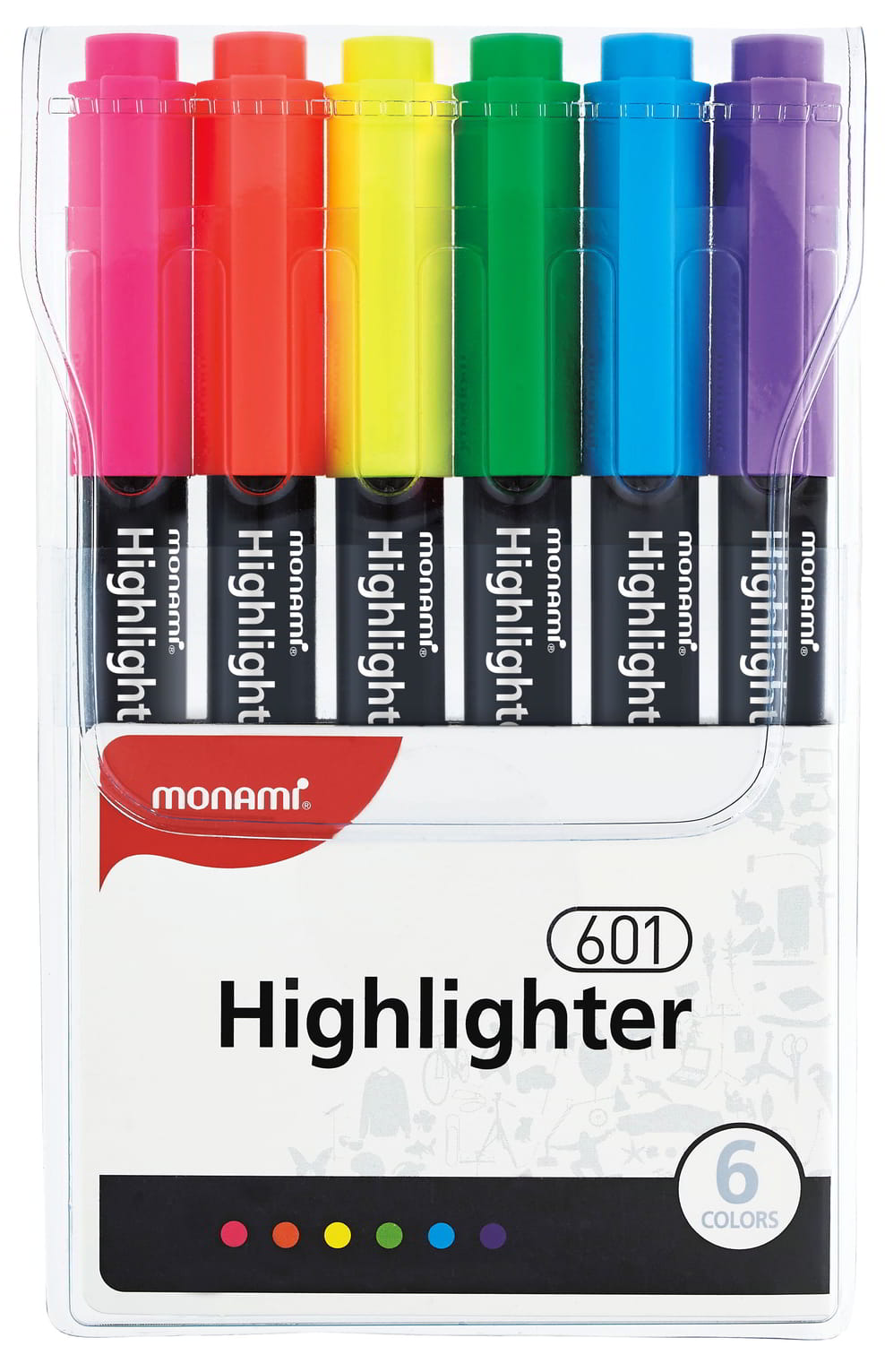 Zakreślacze Monami Highlighter 6 sztuk w kolorach różowym, pomarańczowym, żółtym, zielonym, niebieskim i fioletowym w plastikowym opakowaniu.