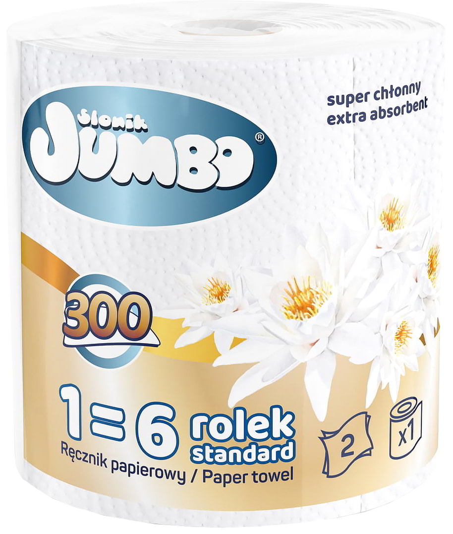 Ręcznik papierowy celuloza SŁONIK JUMBO MAXI 2-warstwowy, 300 listków, format zastępujący 6 rolek.