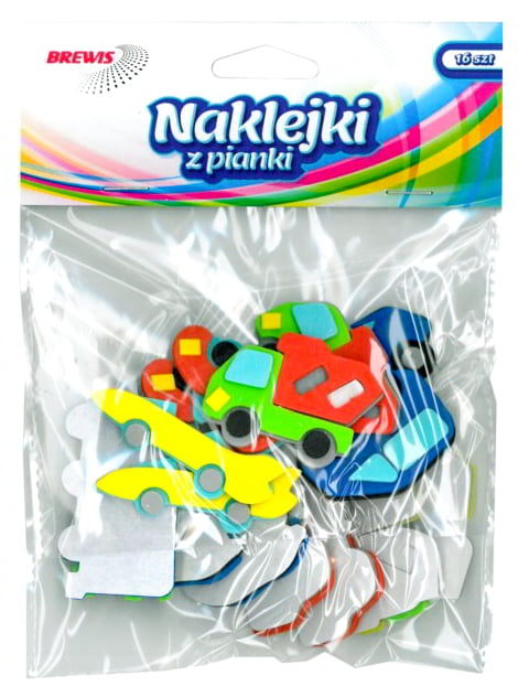 Naklejki z pianki AUTA 16 sztuk, kolorowe autka w opakowaniu PVC
