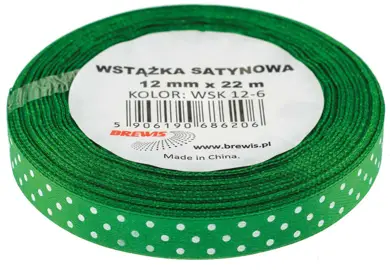 Wstążka satynowa zielona w białe kropki 12mm/22m na szpuli