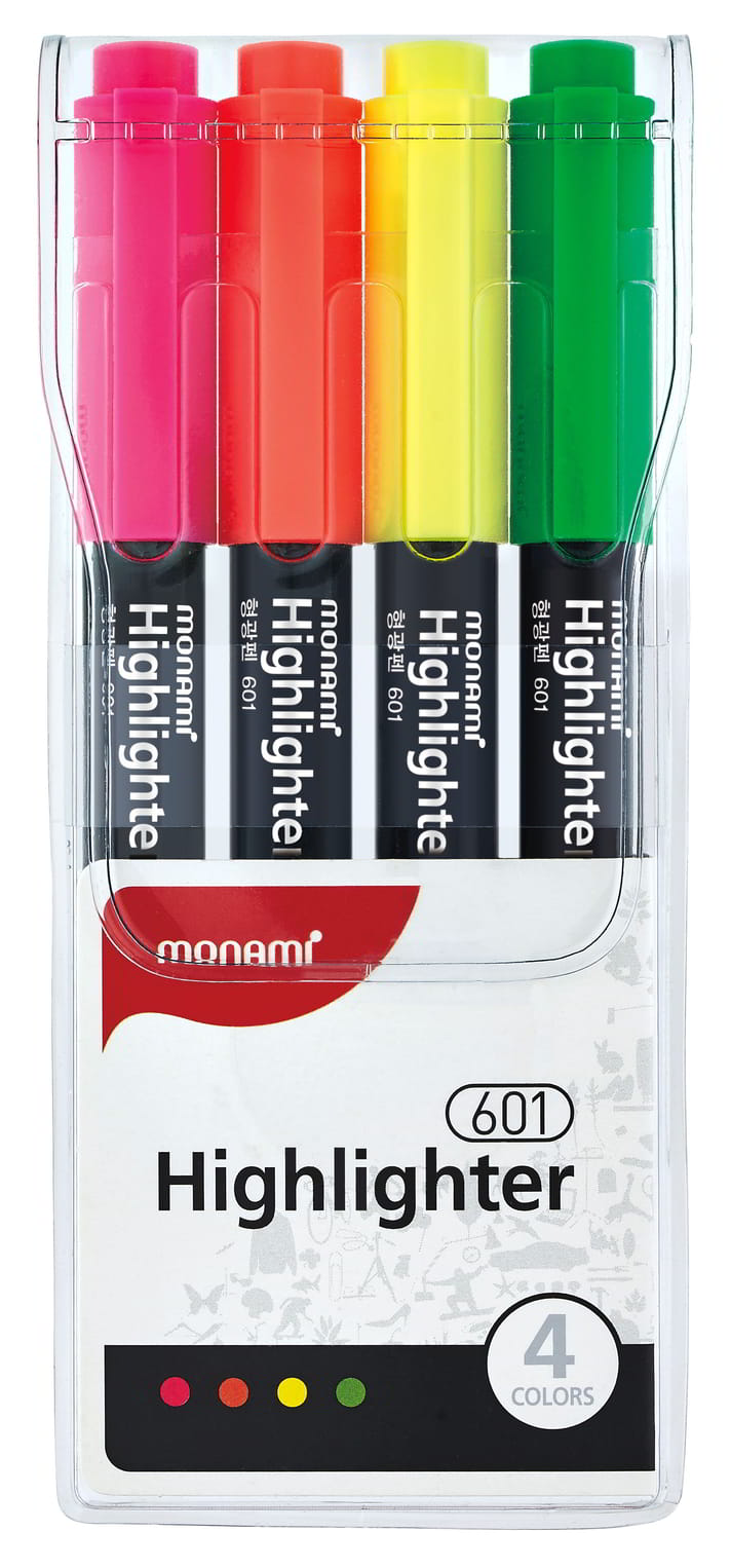 Zakreślacze fluorescencyjne Monami Highlighter 4 sztuki różowy pomarańczowy żółty zielony