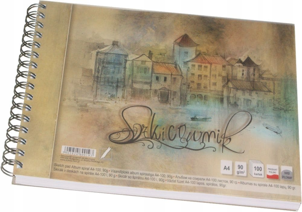 Szicownik na spirali A4 składa się z 100 kartek wysokiej jakośći papieru o gramaturze 90g/m2. Produkt bardzo poręczny i praktyczny dzięki zastosowaniu spirali. Dodatkowo na spodzie znajduje się sztywna tektura. Format: 297x210mm