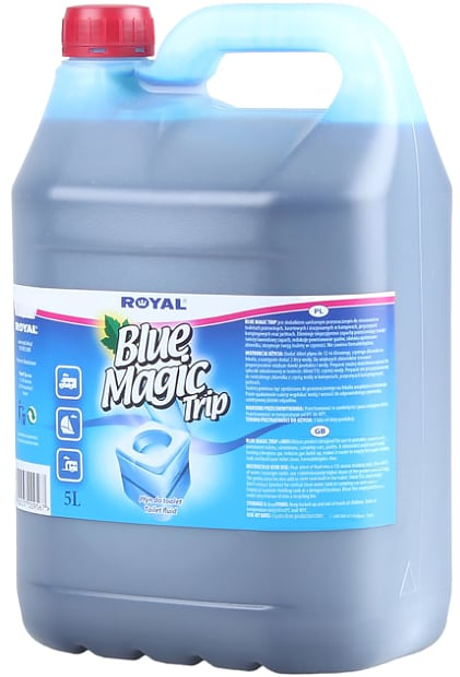 Płyn Blue Magic 5L do toalet turystycznych w niebieskim opakowaniu z czerwoną nakrętką