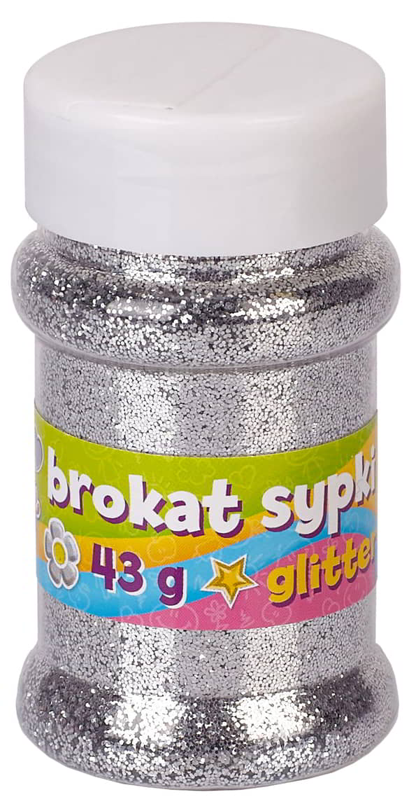 Brokat sypki 43g srebrny ASTRA w plastikowym pojemniku z białą zakrętką.