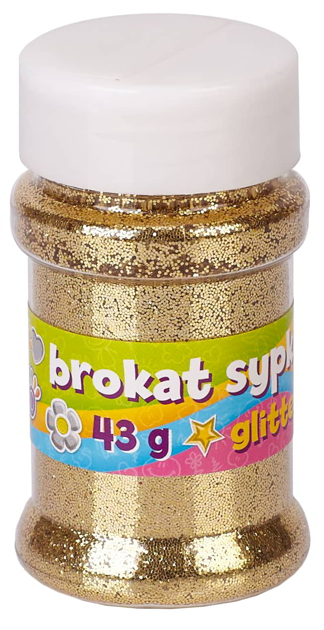 Brokat sypki 43g złoty ASTRA w plastikowym pojemniku z białą nakładką.