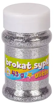 Brokat sypki 43g srebrny ASTRA w plastikowym pojemniku z białą zakrętką.