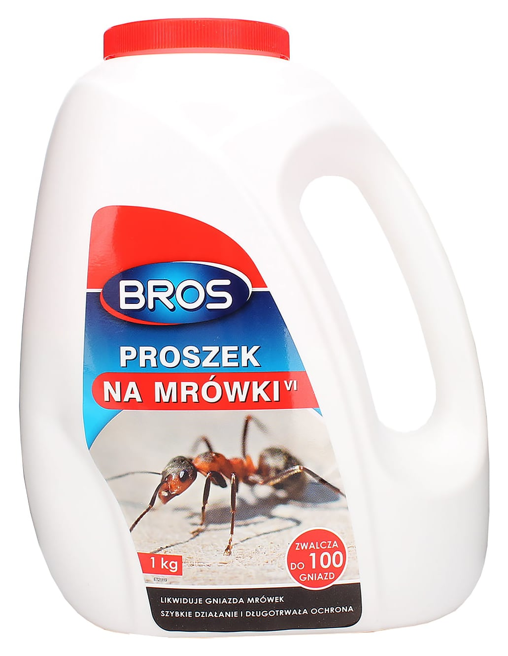 BROS proszek na mrówki 1 kg w białym opakowaniu z czerwono-niebieską etykietą