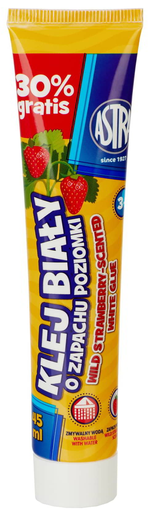 Klej biały 45ml -zapach poziomkiASTRA Wysokiej jakości klej o zapachu poziomki ma konsystencję pasty. Nadaje się do klejenia papieru i cienkiej tektury. Jest łatwo zmywalny i nie pozostawia zabrudzeń.