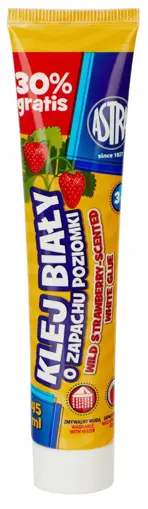 Klej biały 45ml -zapach poziomkiASTRA Wysokiej jakości klej o zapachu poziomki ma konsystencję pasty. Nadaje się do klejenia papieru i cienkiej tektury. Jest łatwo zmywalny i nie pozostawia zabrudzeń.