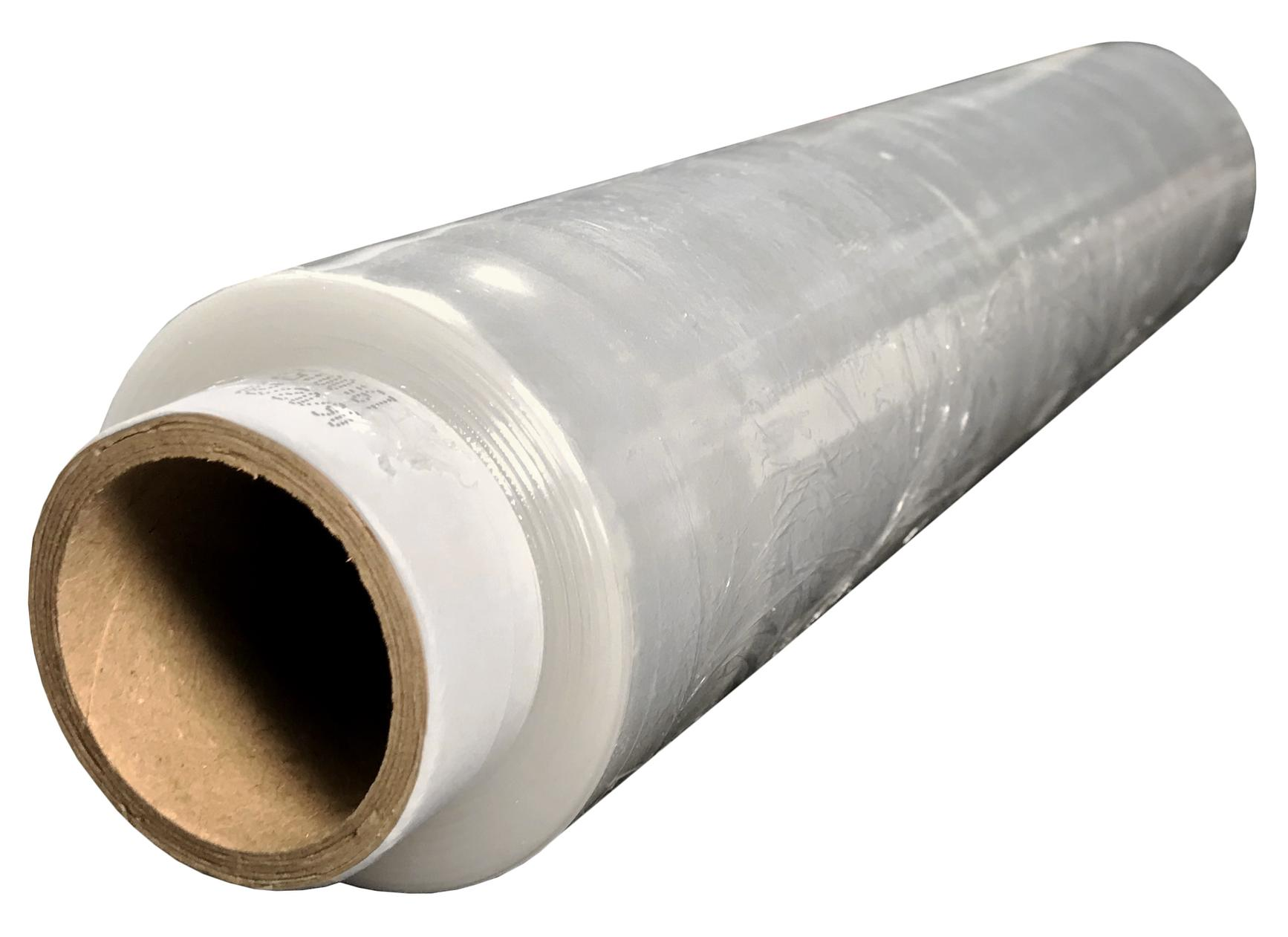 Folia PE do pakowania 45cm x 200m na drewnianym tubie z białą etykietą.