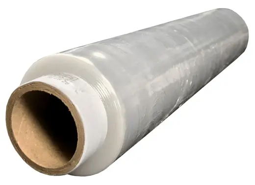 Folia PE do pakowania 45cm x 200m na drewnianym tubie z białą etykietą.