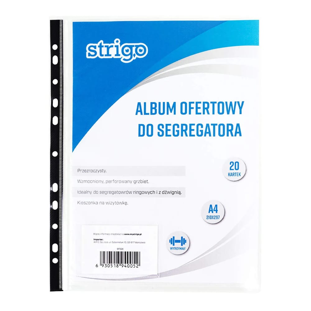 Transparentny album ofertowy Strigo PP w formacie A4 do segregatora. Posiada wzmocniony grzbiet z perforacją, dzięki czemu pasuje do różnego typu segregatorów. Album zawiera 20 koszulek.