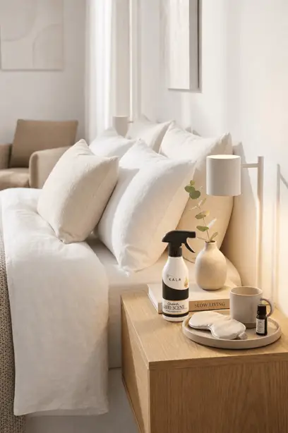 Odświeżacz KALA Good Scent Chanti na drewnianym stoliku obok łóżka z pościelą i dodatkami dekoracyjnymi.
