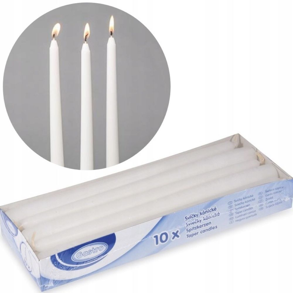 Opakowanie świec stołowych Gastro zawierające 10 białych świec z otworem, rozmiar 2,45x20cm, ze zbliżeniem trzech zapalonych świec.